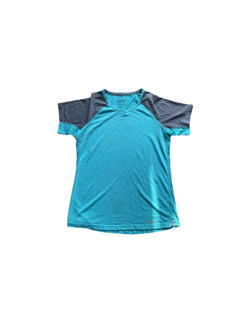 Patagonia Base Layer Tshirt Womens Small Blue & Grey V Neck Short Sleeve Hike
